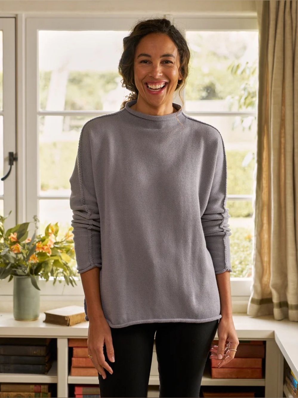 Frank & Eileen Monterey Rolled Funnel Neck Sweater 100% Cotton Gray